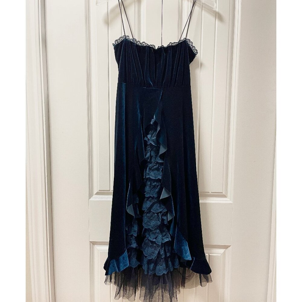 Vintage Gothic Victorian Inspired Velvet Ruffle Midi Dress Navy โ XS